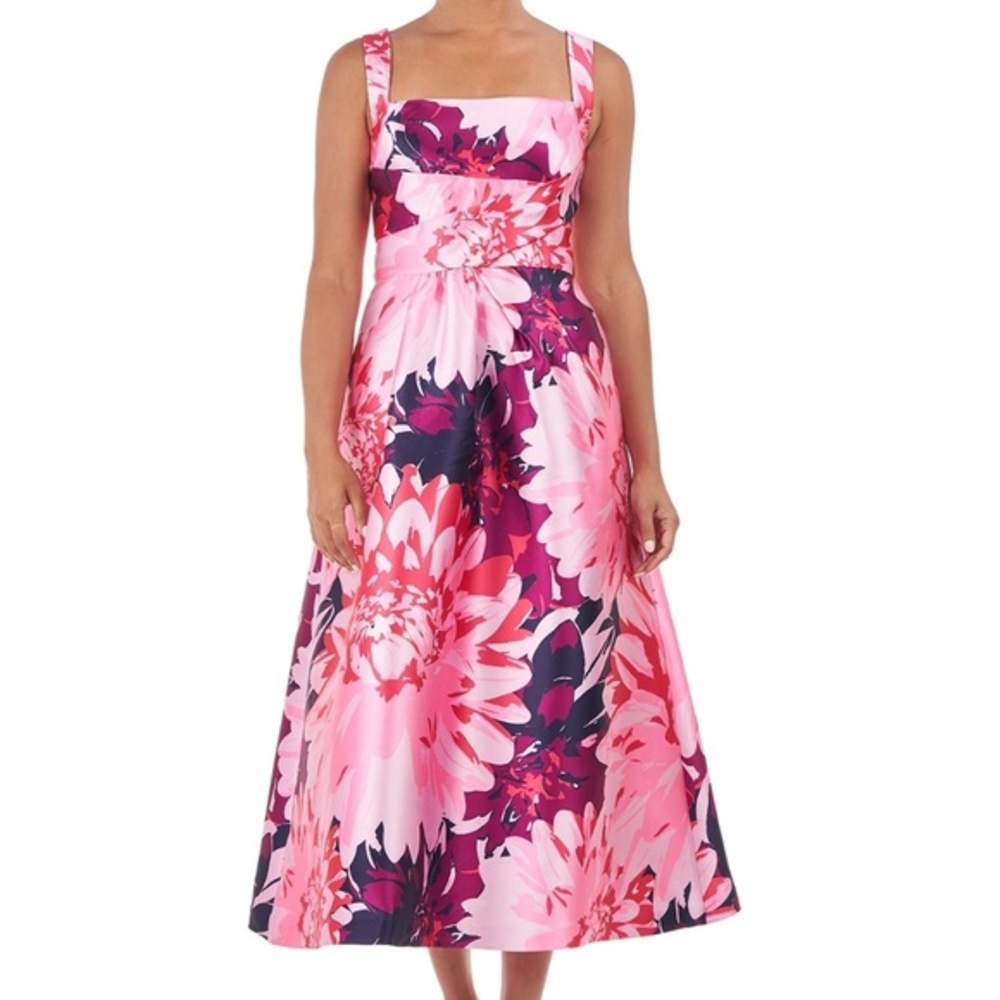 Kay Unger Pink and Purple Floral Midi Dress
